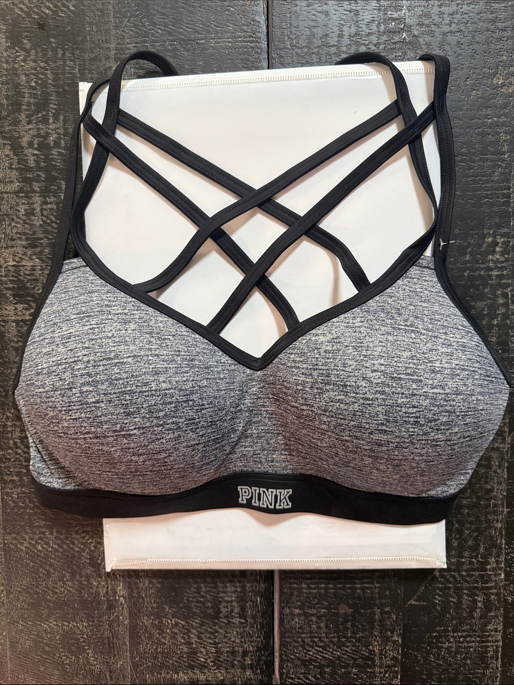PINK Victoria's Secret Grey Heathered Strappy Sports Bra with Black Trim